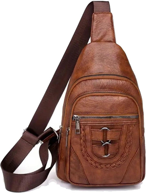 Women Multi-Pocket Vegan Vintage Leather Braided Crossbody Backpack
